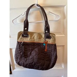 Fossil Key Per Quilted Flower Tote Bag Brown Canvas Leather Accents Key‎ Charm